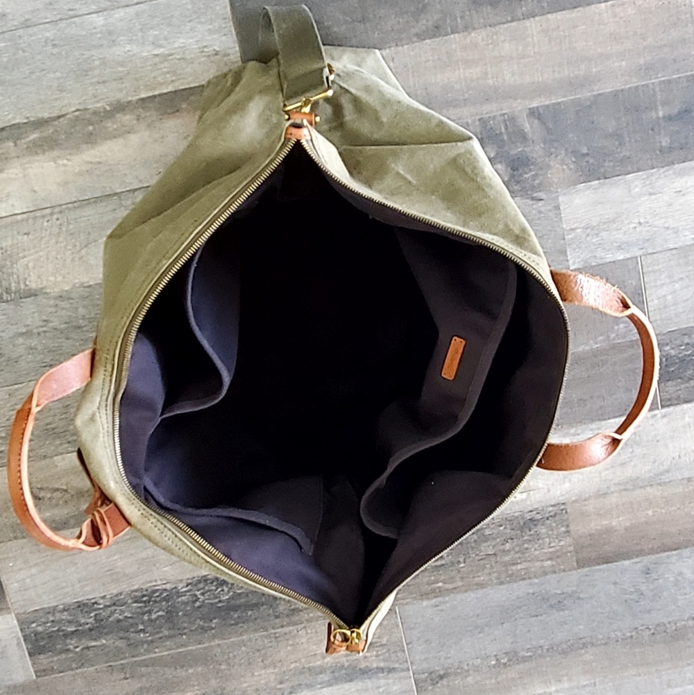 Madewell Essential Weekender Washed Canvas Bag, Army Gr./Brown Leather, EUC - Picture 8 of 15